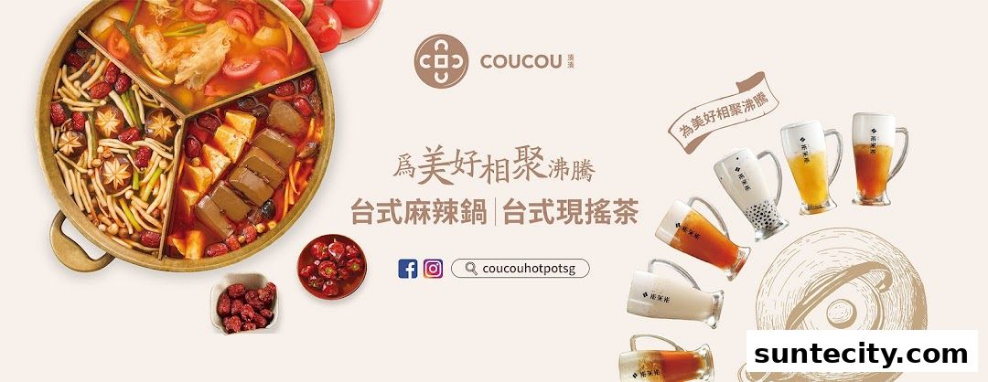 A vibrant banner showcasing a hotpot and various bubble teas from Coucou Hotpot Brew Tea.