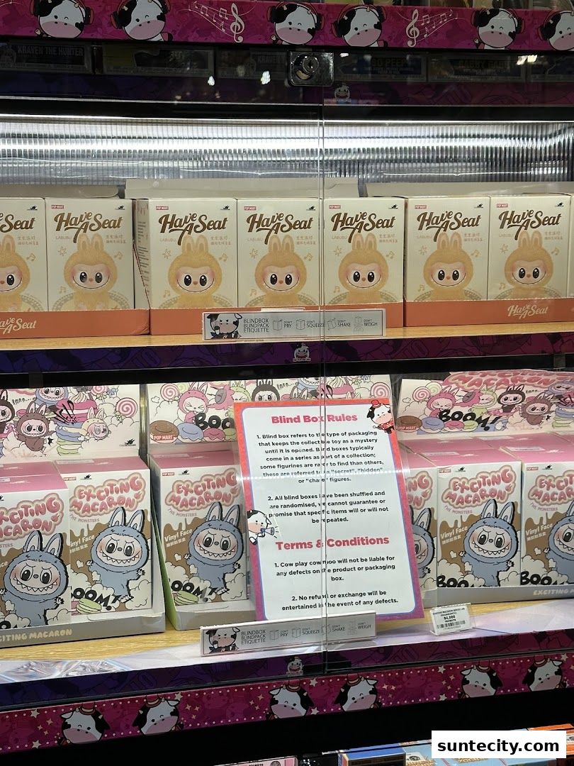 Shelves filled with blind box toys, featuring cute characters and rules for purchasing.
