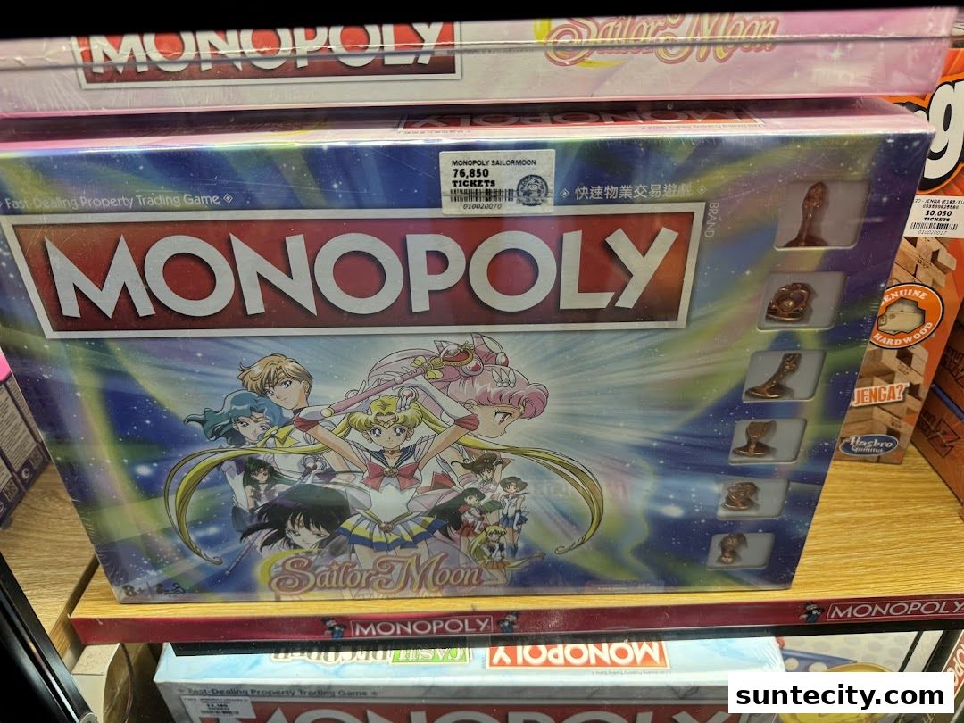 A Monopoly Sailor Moon board game is displayed on a shelf with other board games.