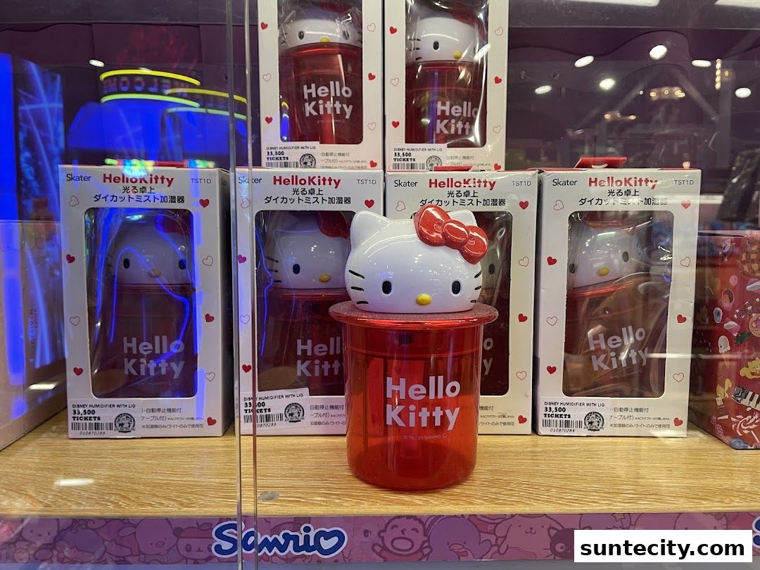 A display of Hello Kitty themed humidifiers with lights and automatic shut-off features.