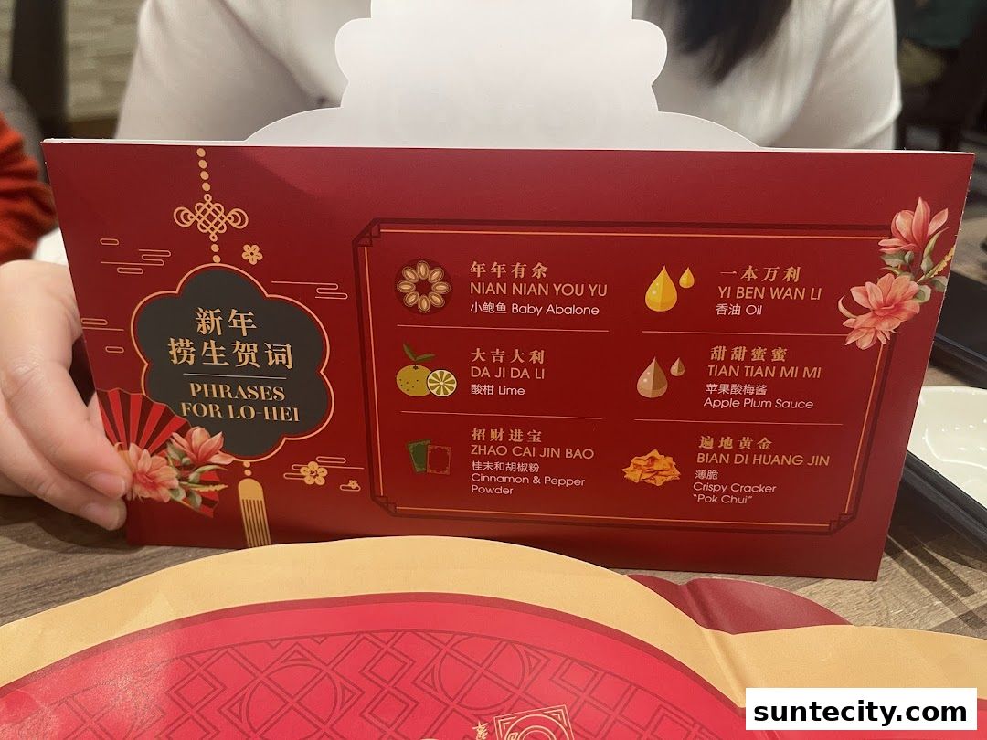 A red box with Chinese New Year phrases for Lo-Hei, listing ingredients and their auspicious meanings.
