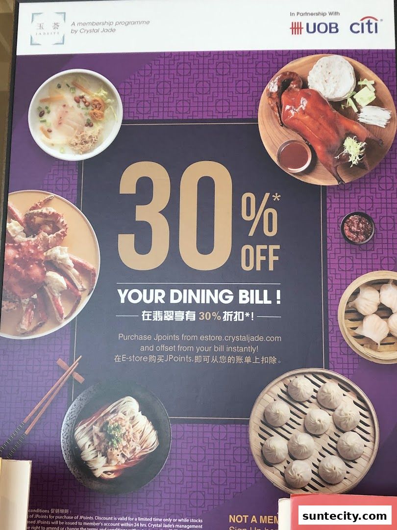 A promotional poster for Crystal Jade Hong Kong Kitchen offering 30% off dining bills.