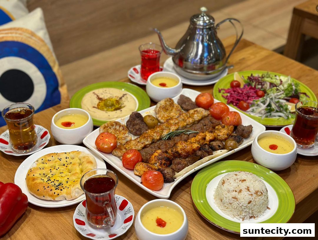 A spread of Turkish food including kebabs, hummus, salad, rice, bread, and tea.