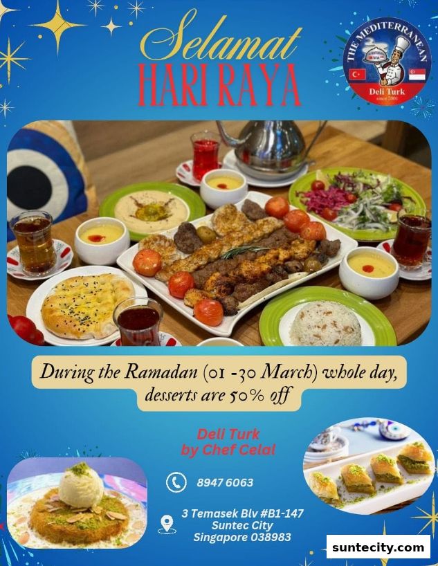 A spread of Turkish food including kebabs, dips, bread, and desserts, with a Ramadan promotion.