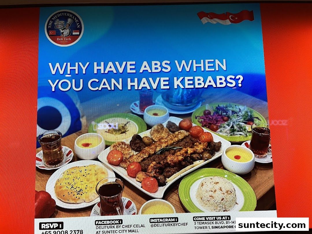 A spread of Turkish food including kebabs, rice, salad, and tea.