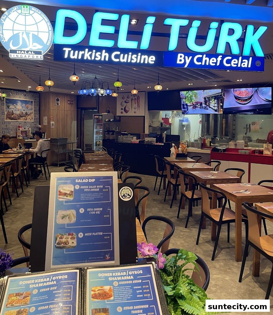 Interior of Deli Turk Turkish Cuisine restaurant with tables, chairs, and a prominent sign.