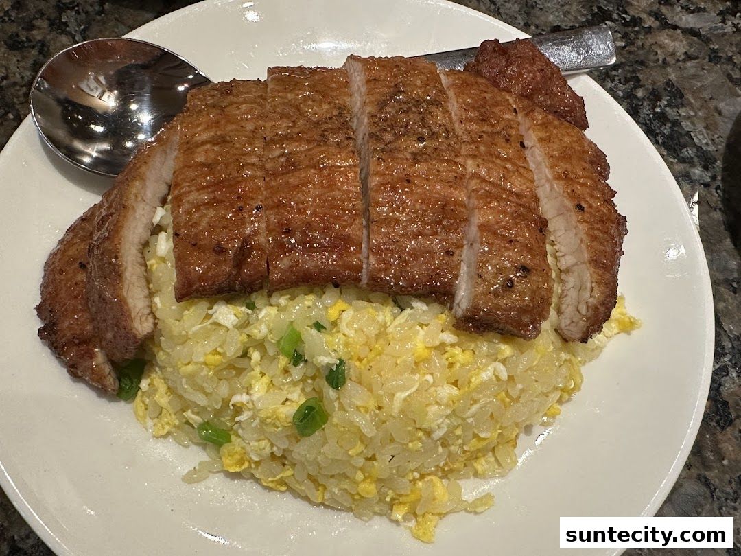A plate of fried rice topped with sliced pork chops and garnished with green onions.