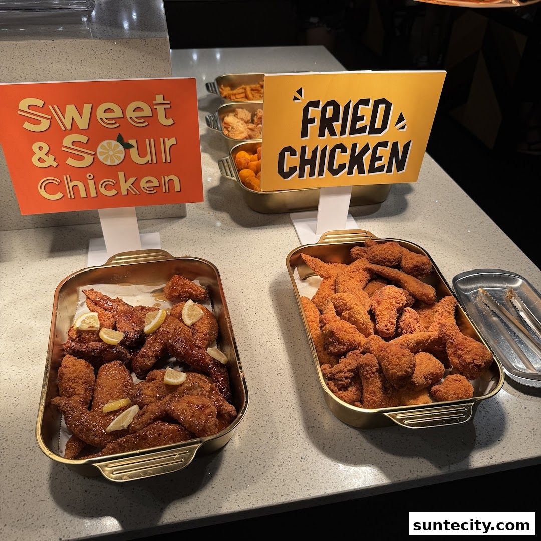 Two trays of fried chicken, one sweet and sour, the other plain, with other fried items in the background.