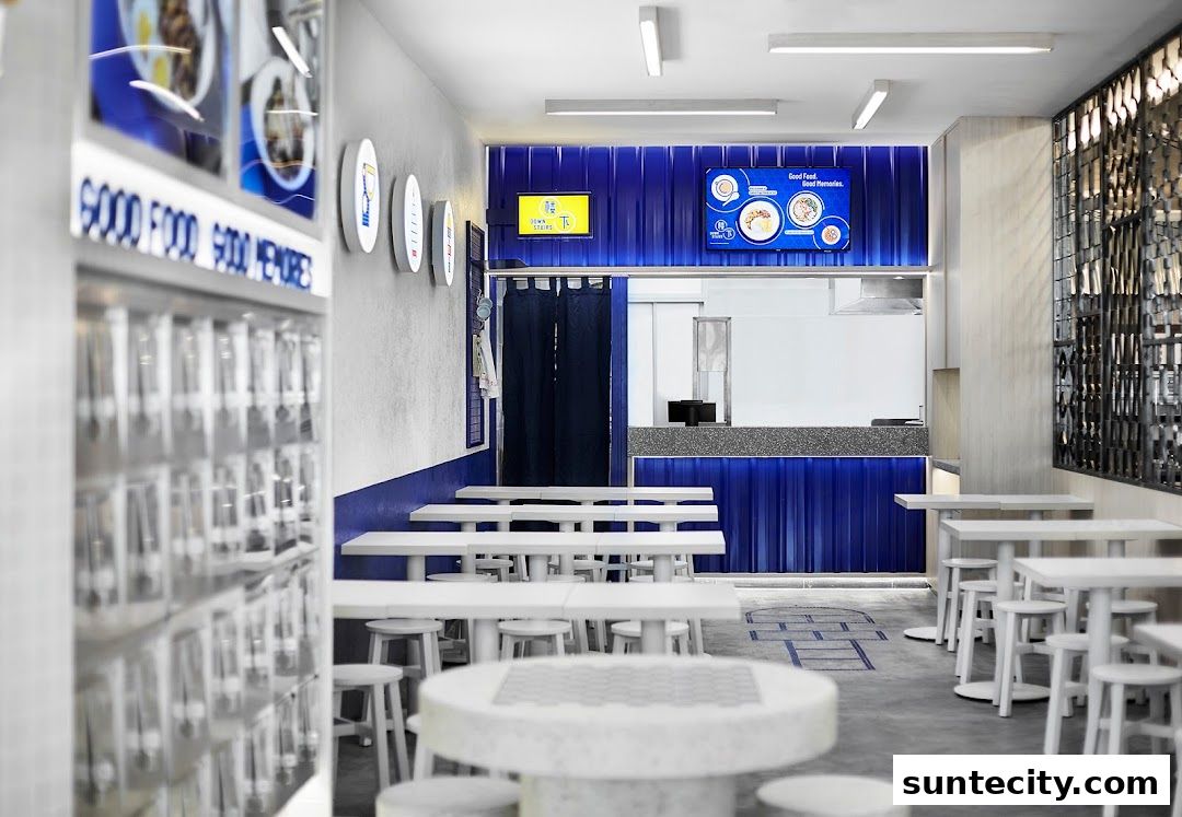 Interior of a modern restaurant with white tables and blue accents.