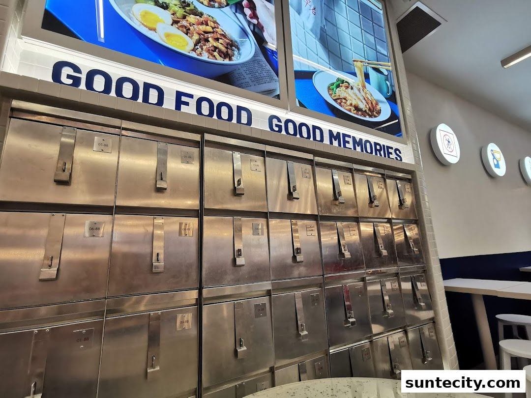 A wall of stainless steel lockers with numbers above a sign that says GOOD FOOD GOOD MEMORIES.