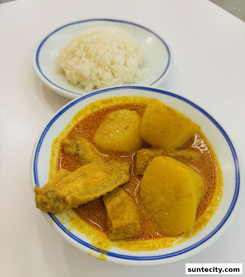 A close-up shot of a delicious chicken curry with potatoes and a side of white rice.