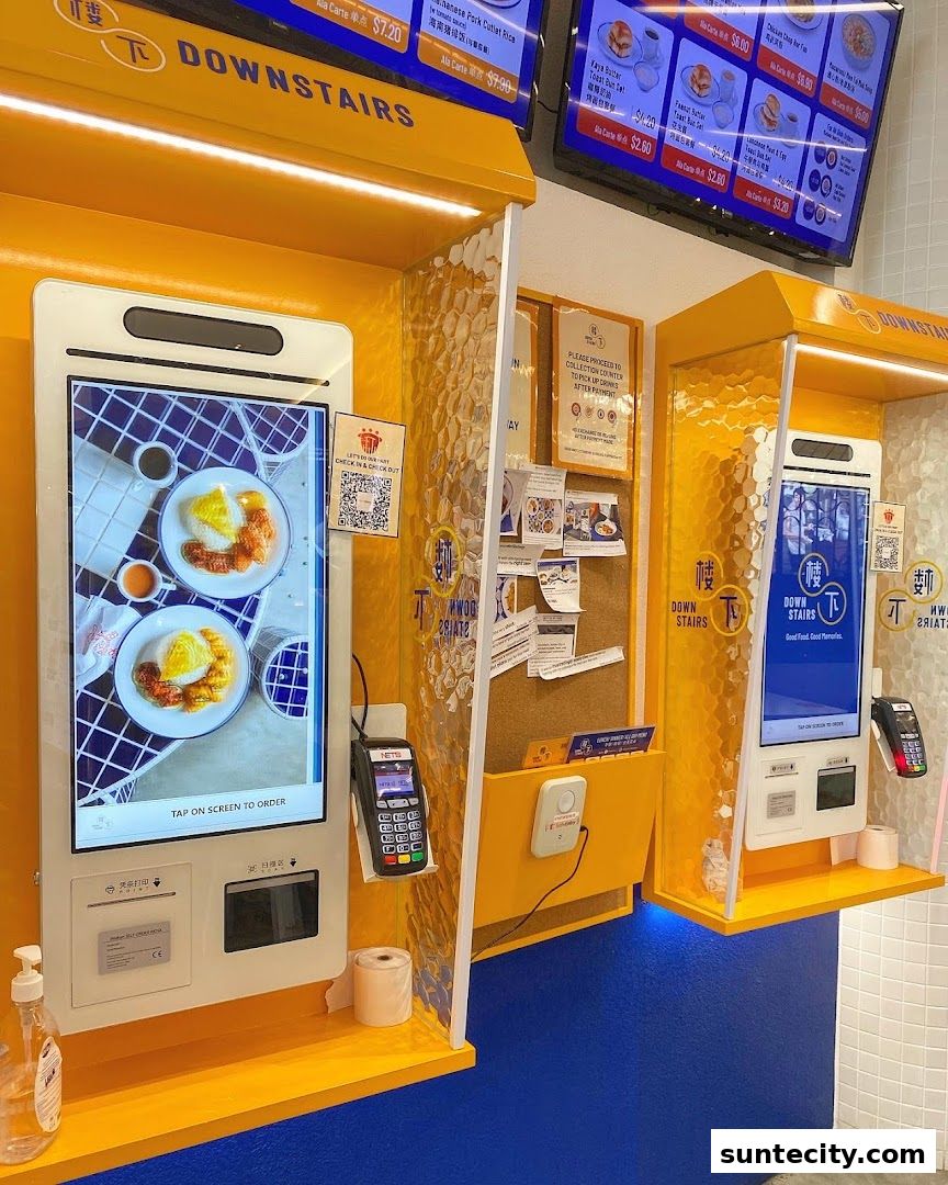 Self-order kiosks and menu boards at a food establishment called Downstairs.