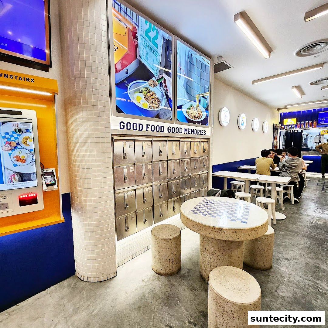 Interior of a modern eatery with digital ordering, food displays, and seating area.