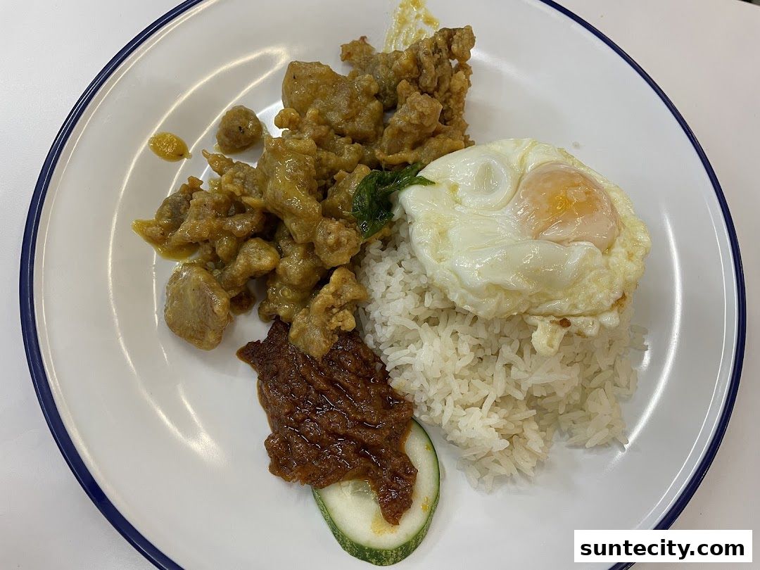 A plate of rice with fried chicken, a sunny-side-up egg, and sambal.