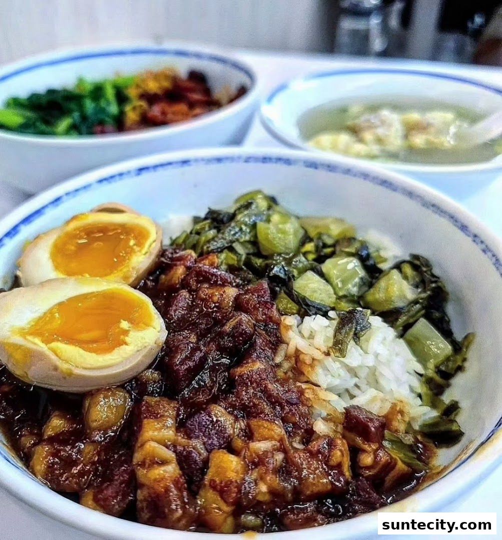 A close-up of a Taiwanese braised pork rice bowl with a side of soup and vegetables.