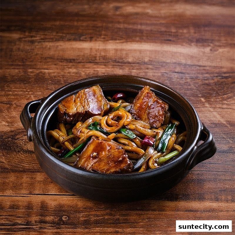 A close-up of a clay pot filled with noodles, braised pork, and green onions.