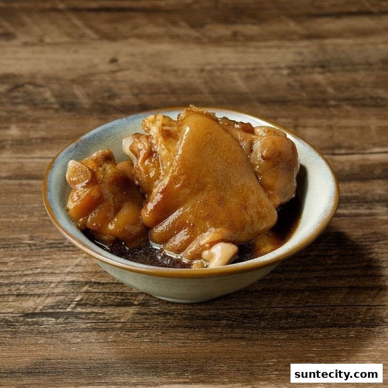 A close-up shot of tender braised pork trotters in a light broth.