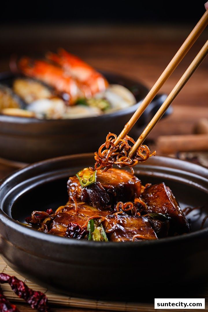Chopsticks picking up crispy fried noodles from a dish of braised pork belly.