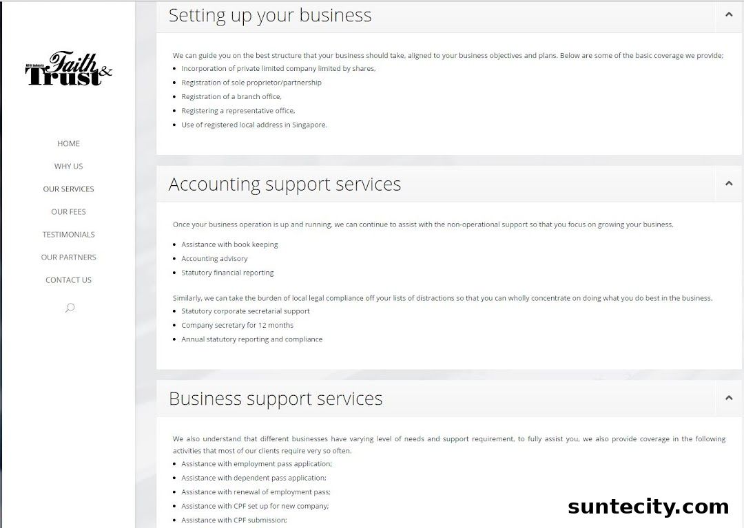 Website page for FaithTrust Accounting Pte Ltd detailing business setup and support services.