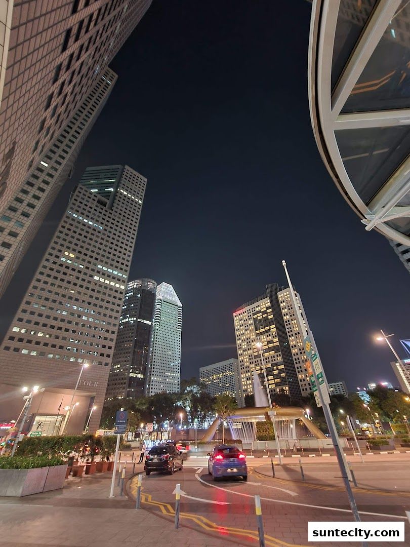 Night view of a city street with tall buildings and a fountain.