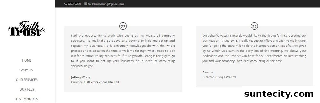 Website testimonials for Faith & Trust Accounting Pte Ltd, featuring client feedback.