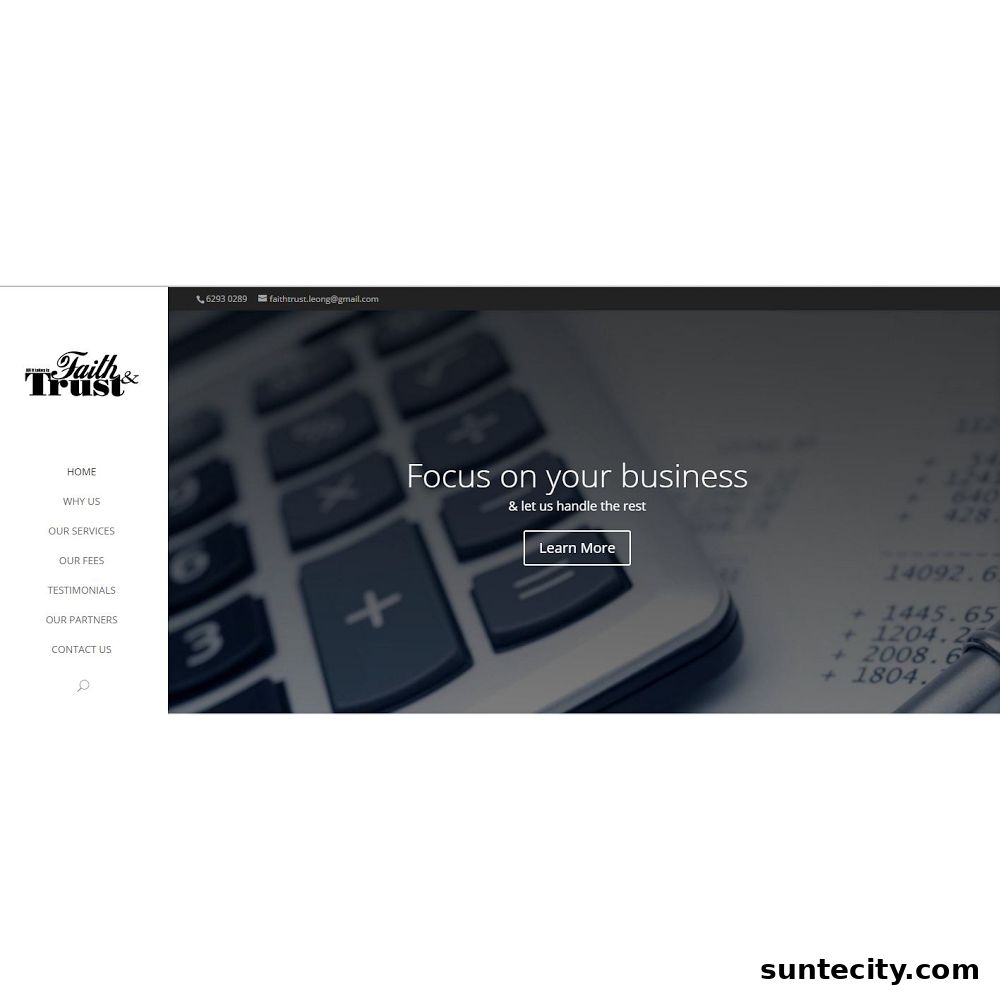 Website banner for FaithTrust Accounting with a calculator and financial text.
