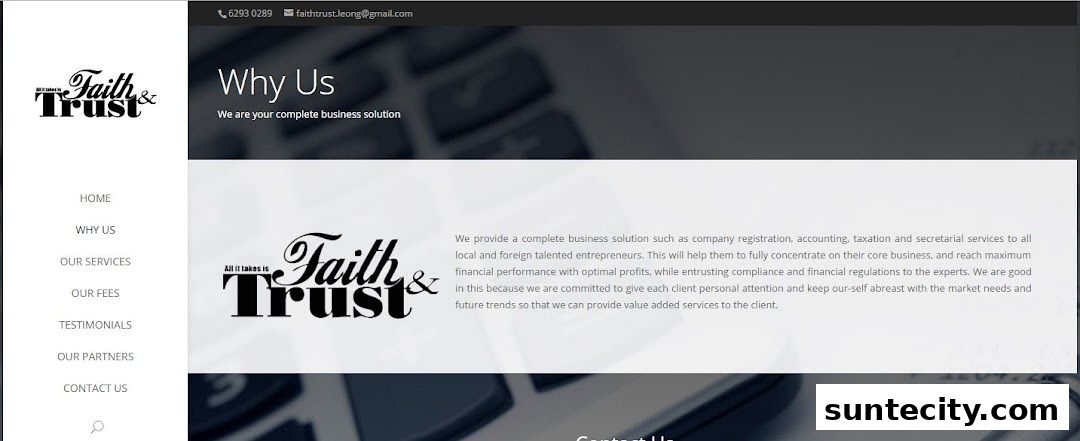 Website page for Faith & Trust Accounting, detailing their business solutions and services.