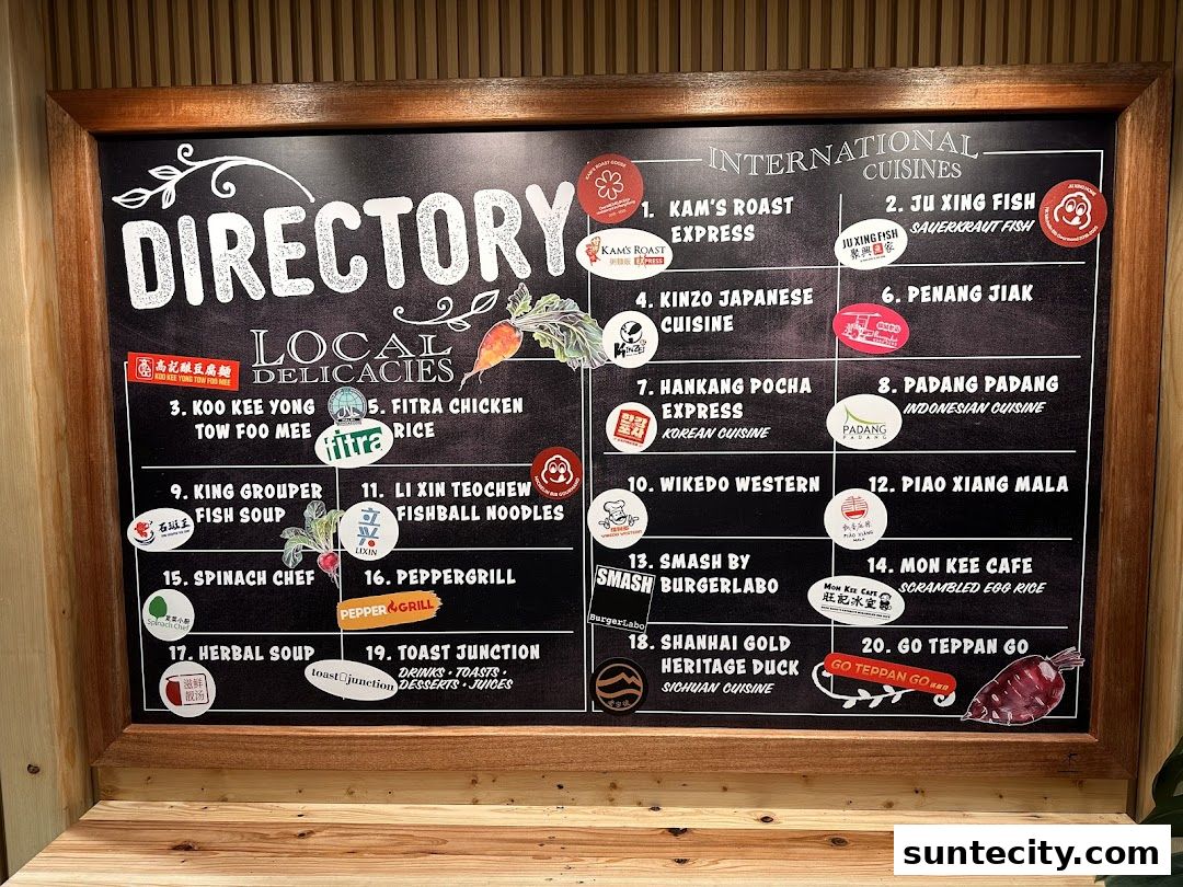 A directory board listing various local delicacies and international cuisines available at Food Republic.