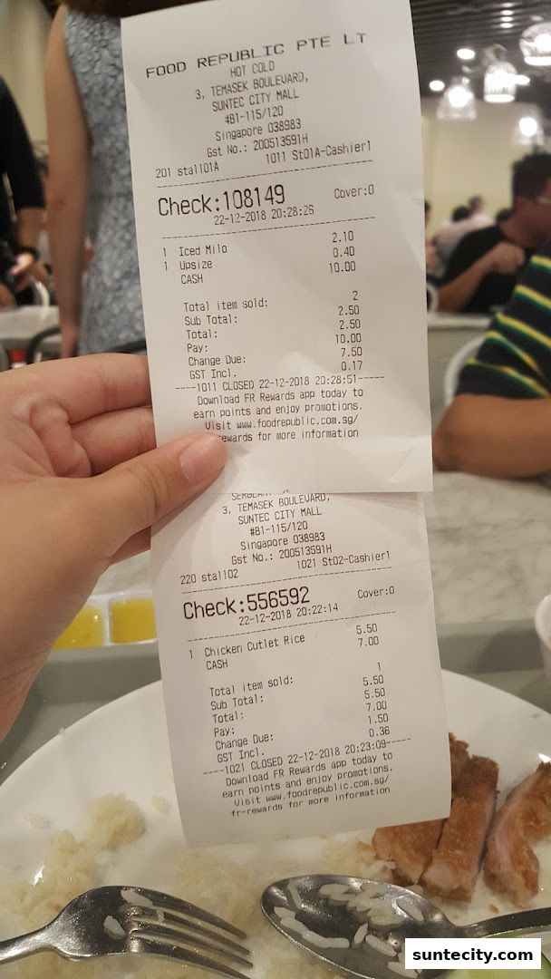 Two receipts from Food Republic showing food items and payment details.
