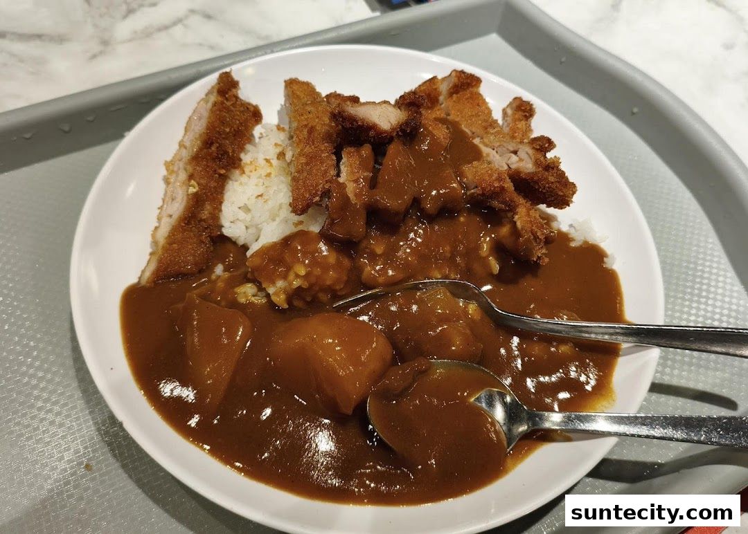 A plate of Japanese curry with rice and crispy fried pork cutlet, served with spoons.