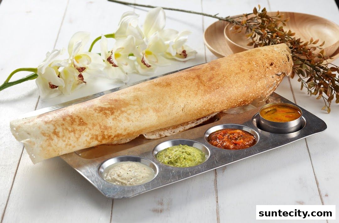 A crispy dosa served with three assorted chutneys and sambar on a metal tray.