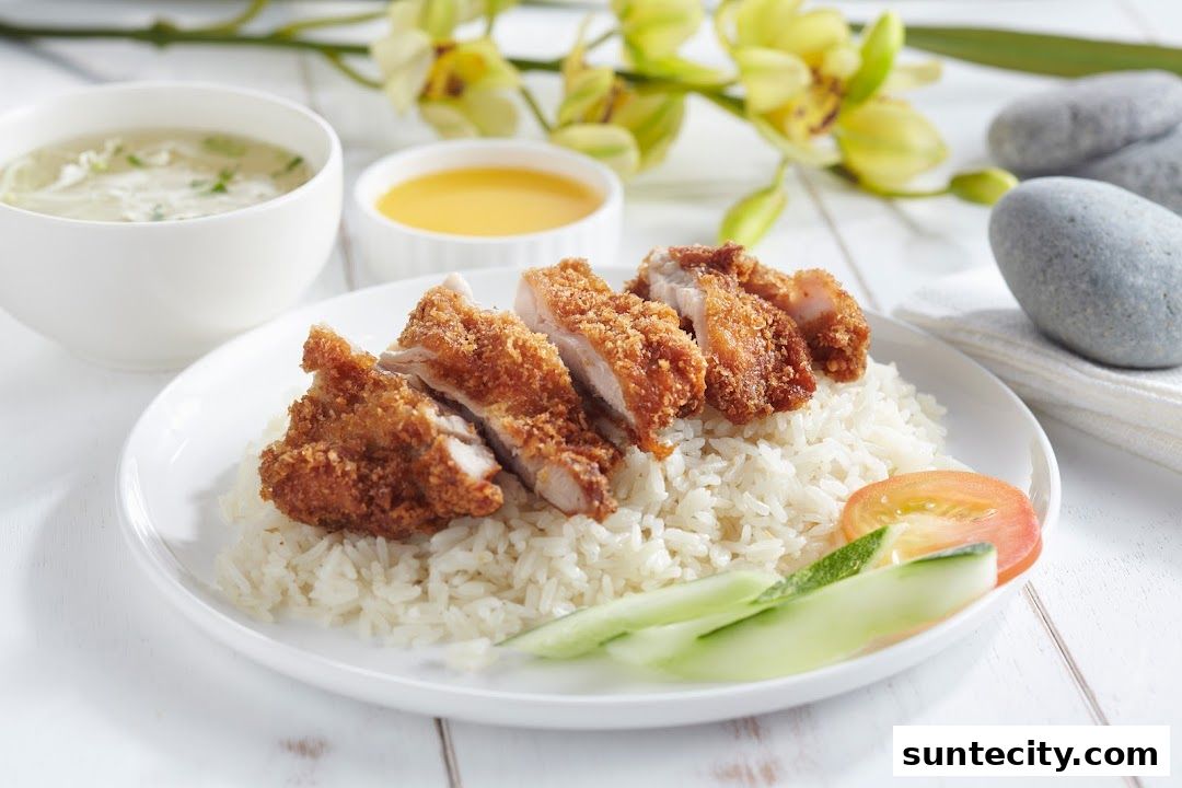 A plate of crispy fried chicken with rice, soup, and dipping sauce, garnished with cucumber and tomato.