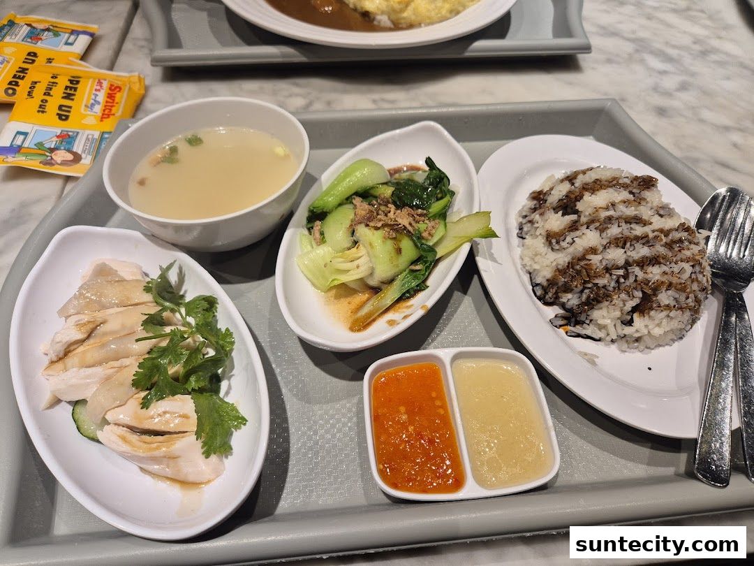 A tray of delicious Hainanese chicken rice with soup, vegetables, and dipping sauces.