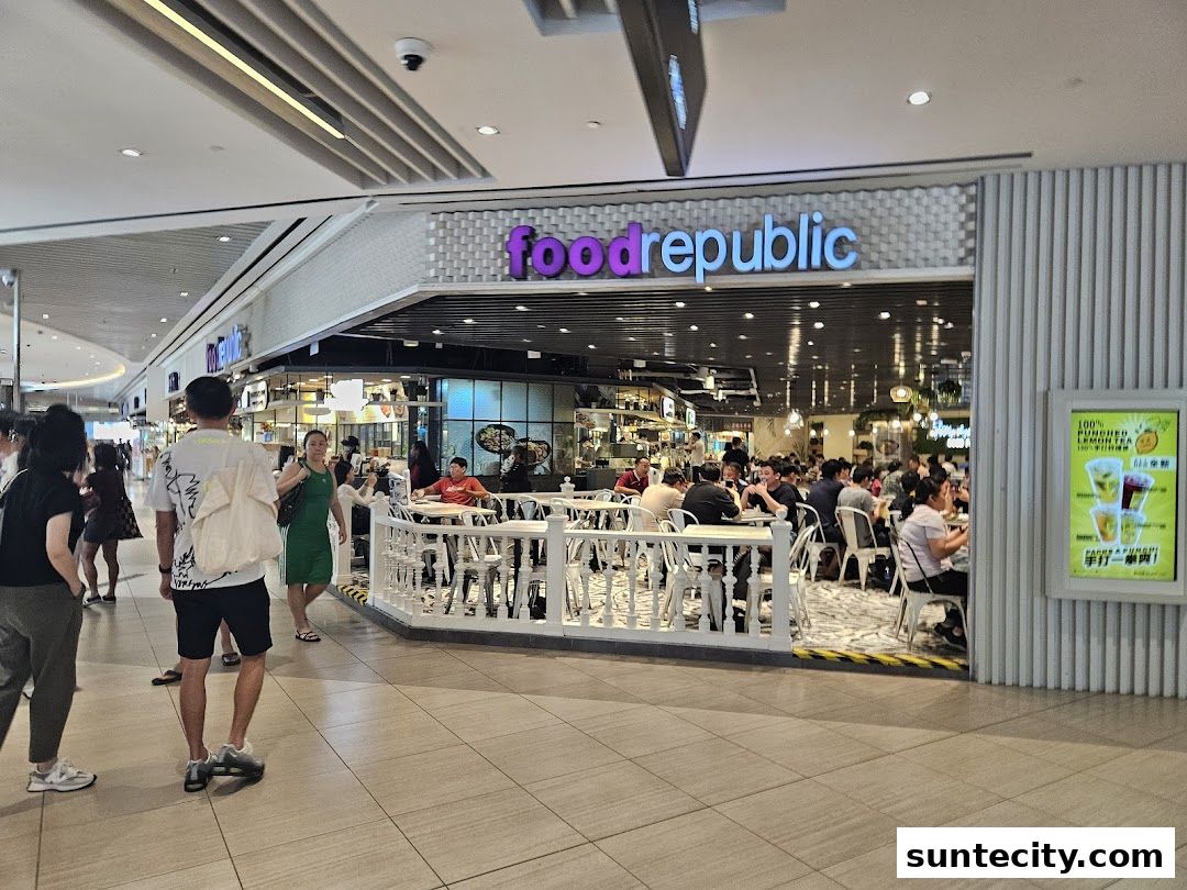 The bustling interior of Food Republic, a popular food court with many diners.