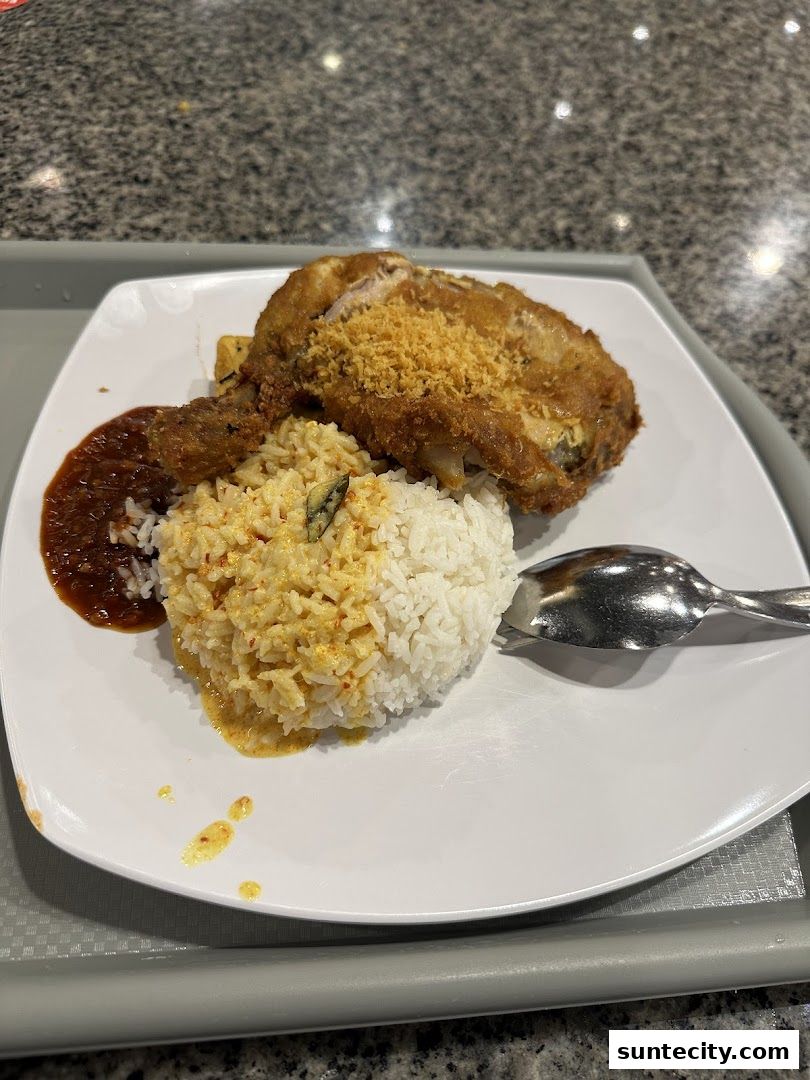 A plate of rice with fried chicken and chili sauce, served with a spoon.