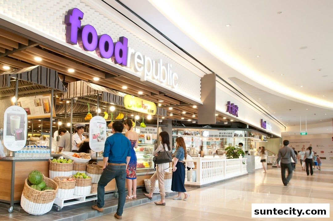 A Food Republic food court with various stalls and customers browsing.
