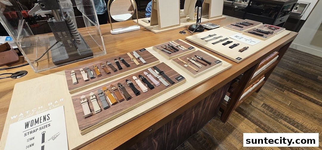 A Fossil store display showcasing a variety of watch straps for women.