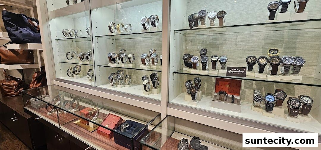 A well-lit display of Fossil watches and leather bags in a retail store.