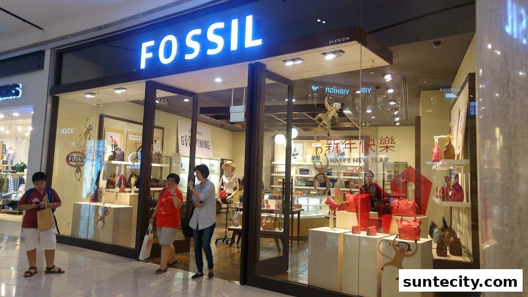 The Fossil store entrance displays handbags and accessories, with festive monkey decorations.