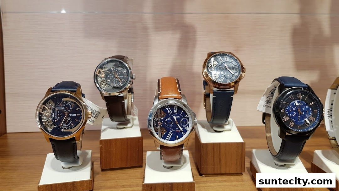 A display of Fossil watches with leather straps and intricate dials on wooden stands.