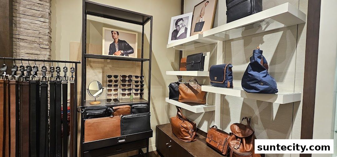Fossil store interior showcasing leather bags, belts, and sunglasses on display shelves.