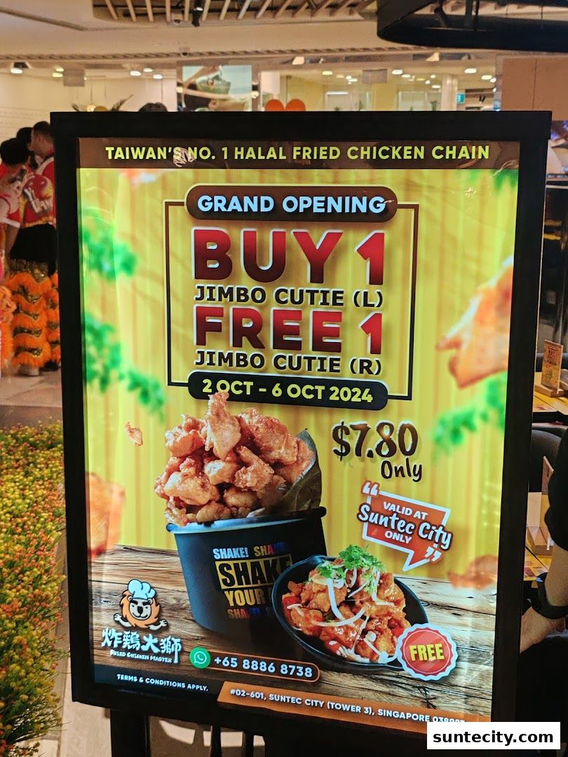 A promotional sign for Fried Chicken Master's grand opening with a buy one get one free offer.