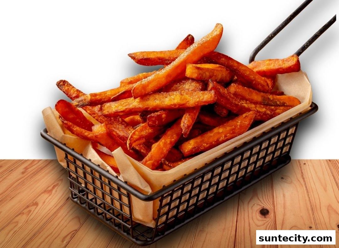 A basket of crispy sweet potato fries seasoned with sugar and spices.