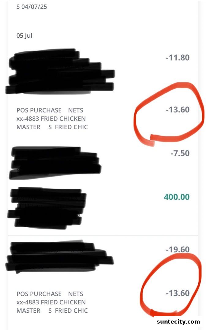 A receipt showing purchases from Fried Chicken Master with amounts and dates.