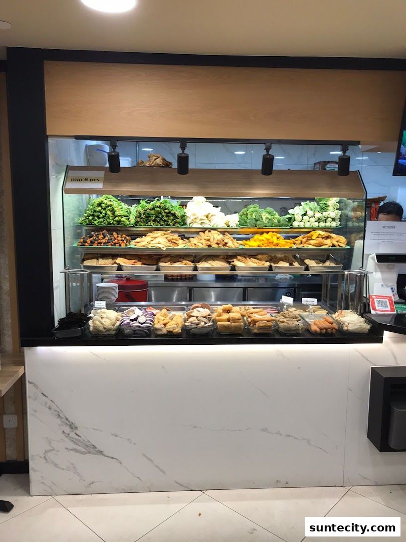 A display counter filled with various fresh ingredients for Yong Tau Foo.
