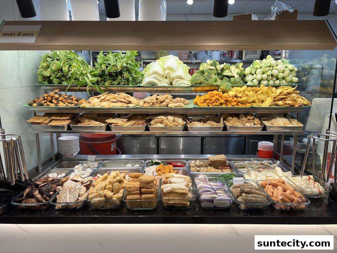 A display of fresh vegetables and fried ingredients for Yong Tau Foo.
