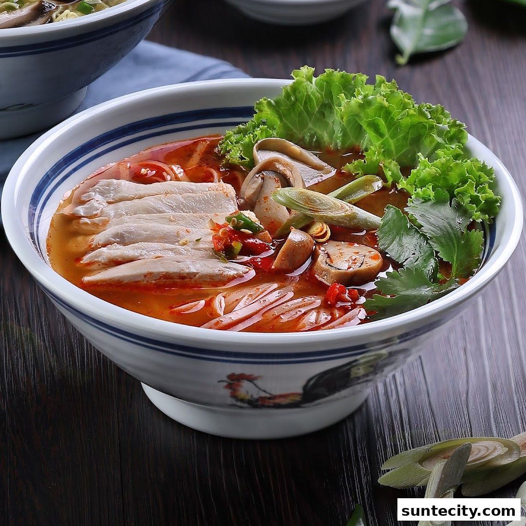 A close-up shot of a delicious bowl of chicken rice soup with fresh ingredients.