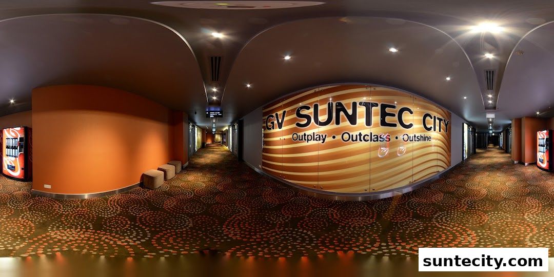 A panoramic view of the interior hallway of Golden Village Suntec City cinema.
