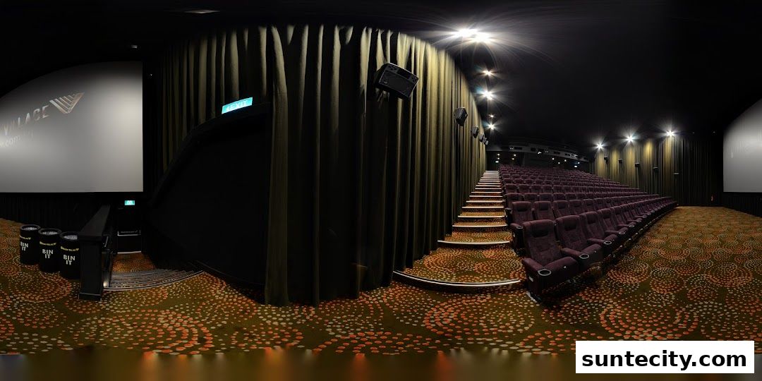 Interior view of a cinema hall with plush seating and a large screen.