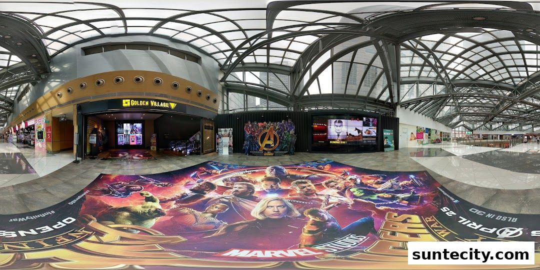 The entrance of Golden Village Suntec cinema with a large Avengers: Infinity War floor graphic.